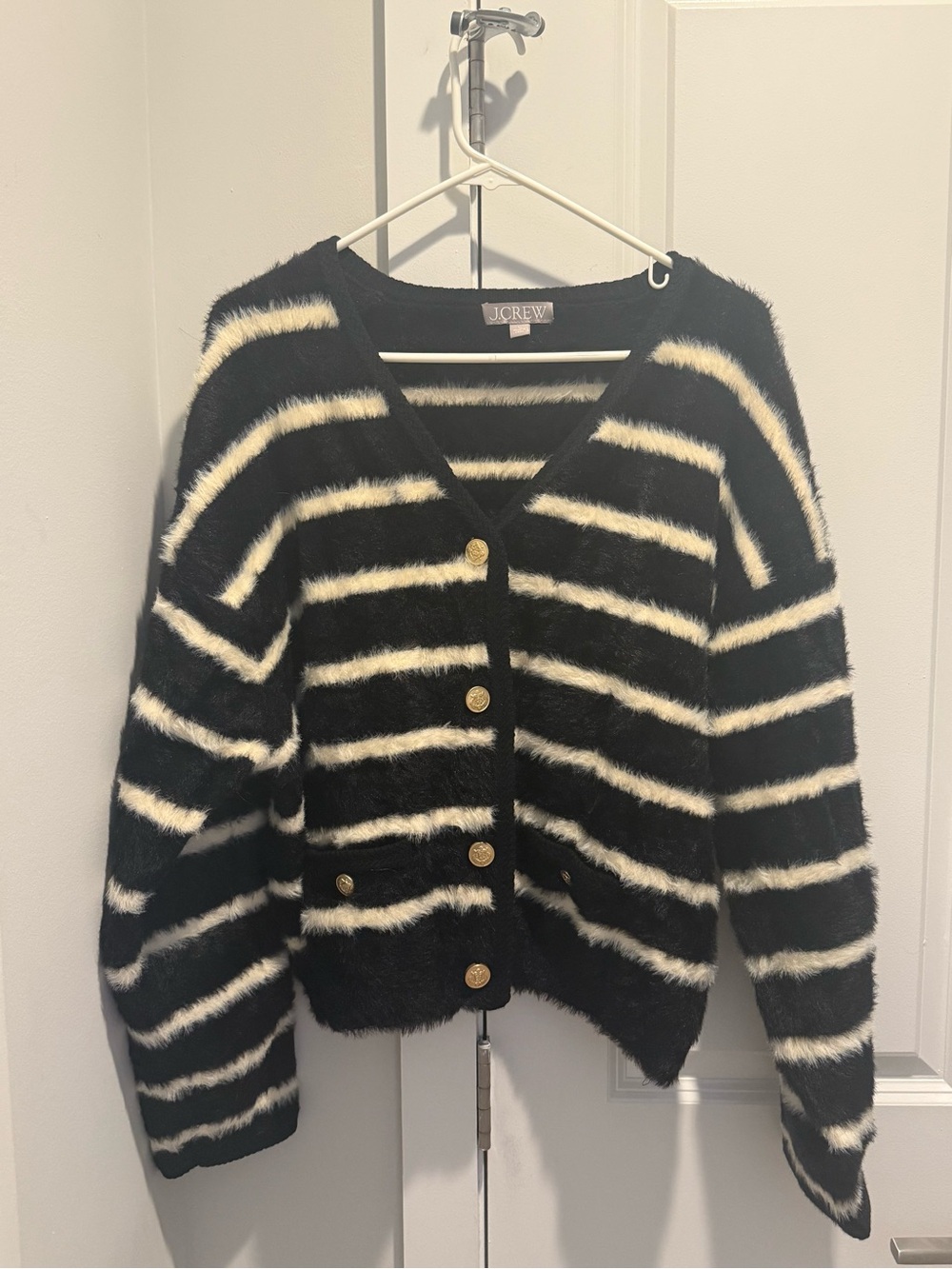 J. Crew Black and White Striped Fuzzy V-Neck Cardigan with Gold Buttons